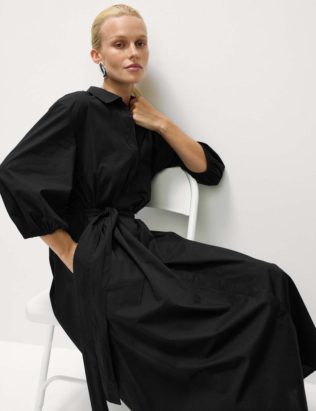 M&S Pure Cotton V-Neck Midi Shirt Dress Black