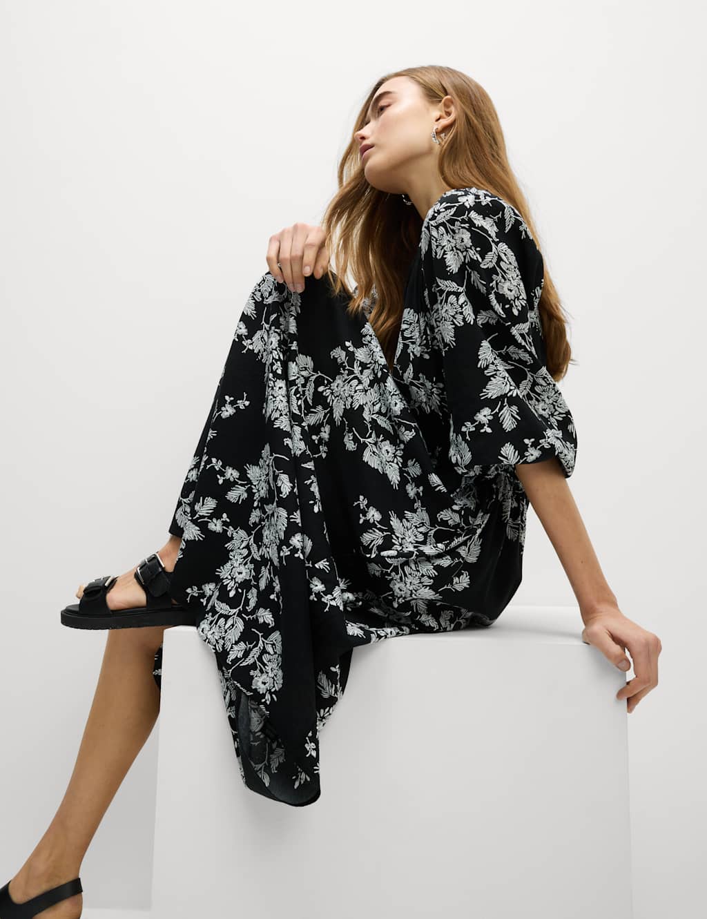 Cotton Blend Floral Midi Waisted Dress