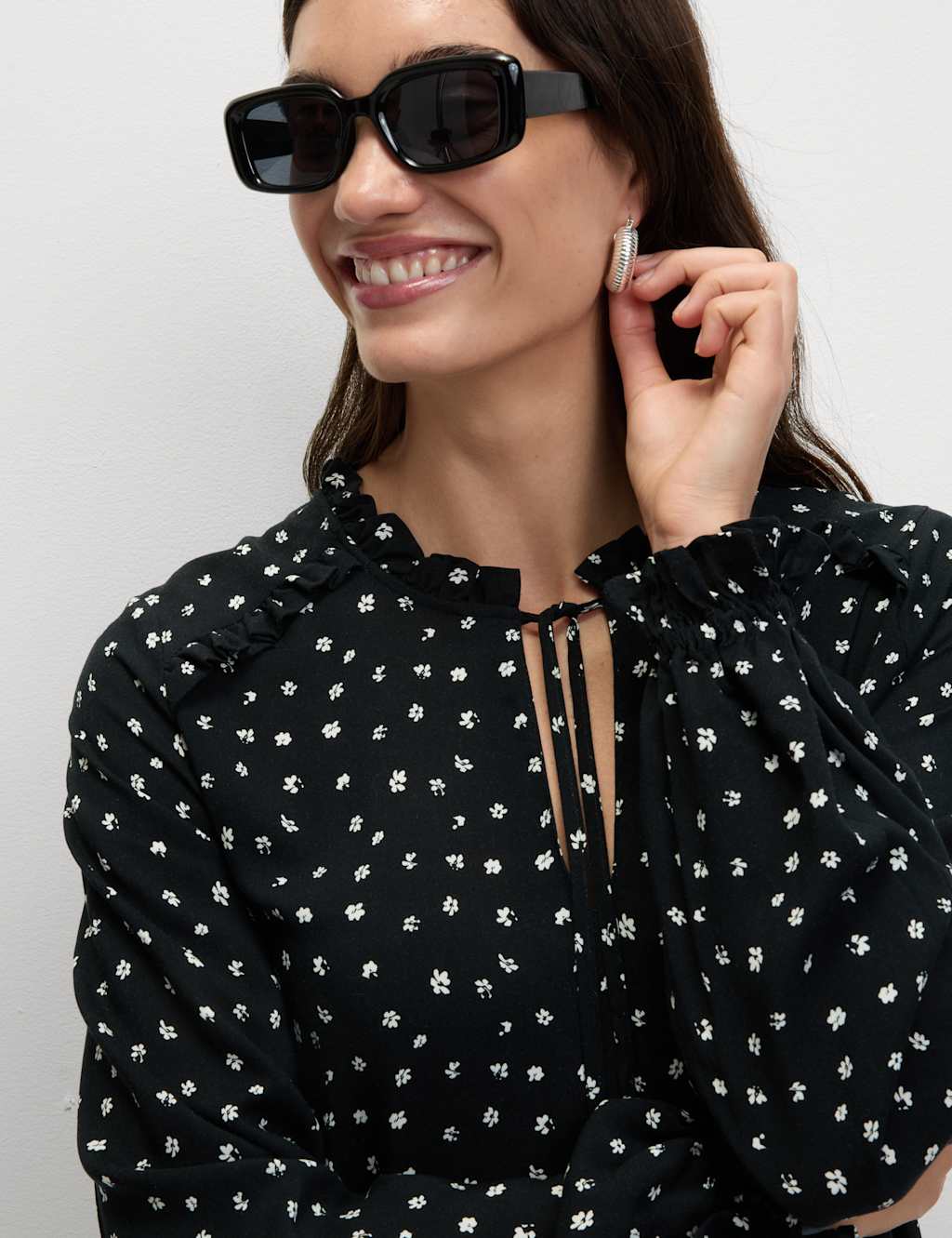 M&S Printed Ruffle Mini Relaxed Smock Dress Black Mix