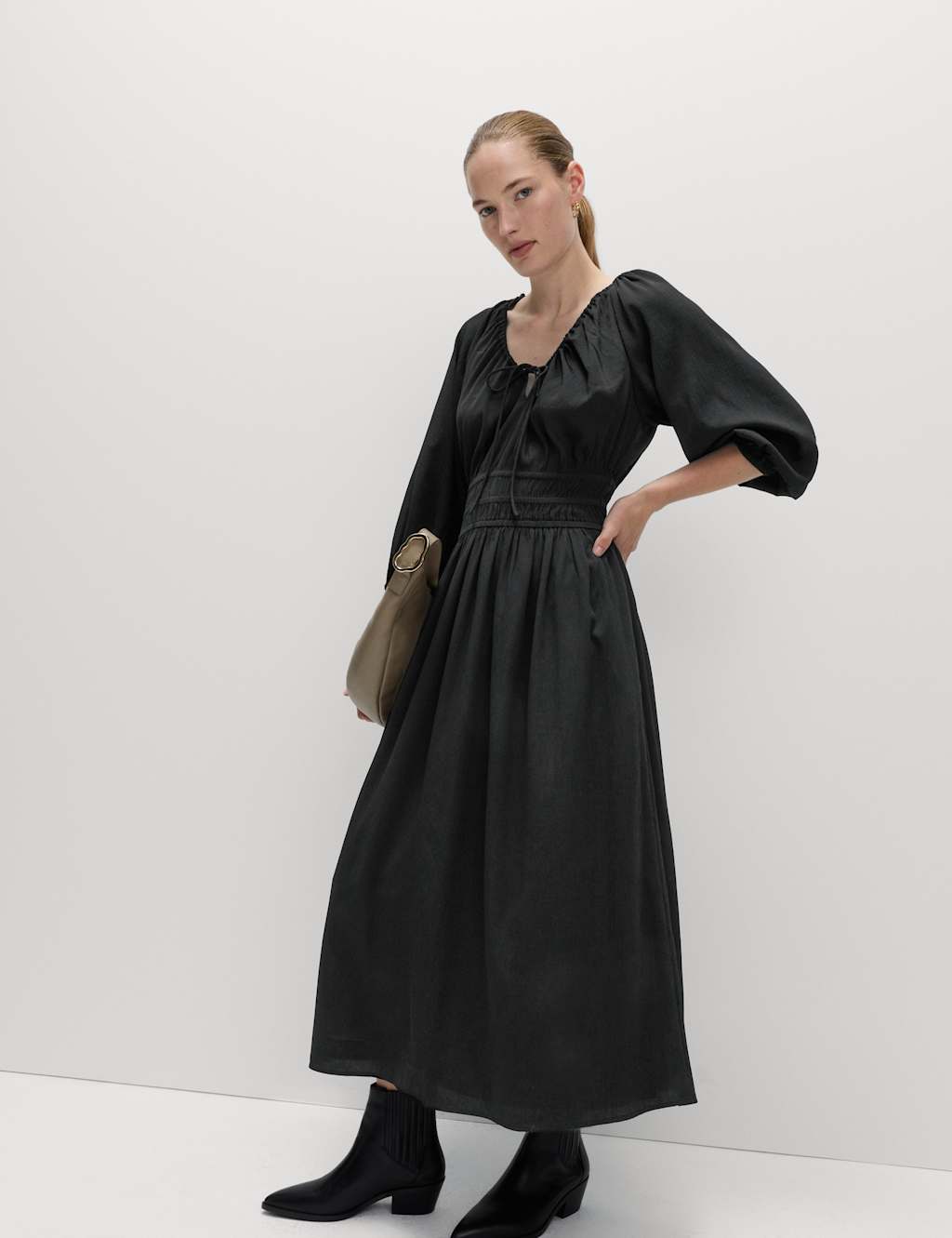 M&S V-Neck Tie Detail Midi Waisted Dress Black