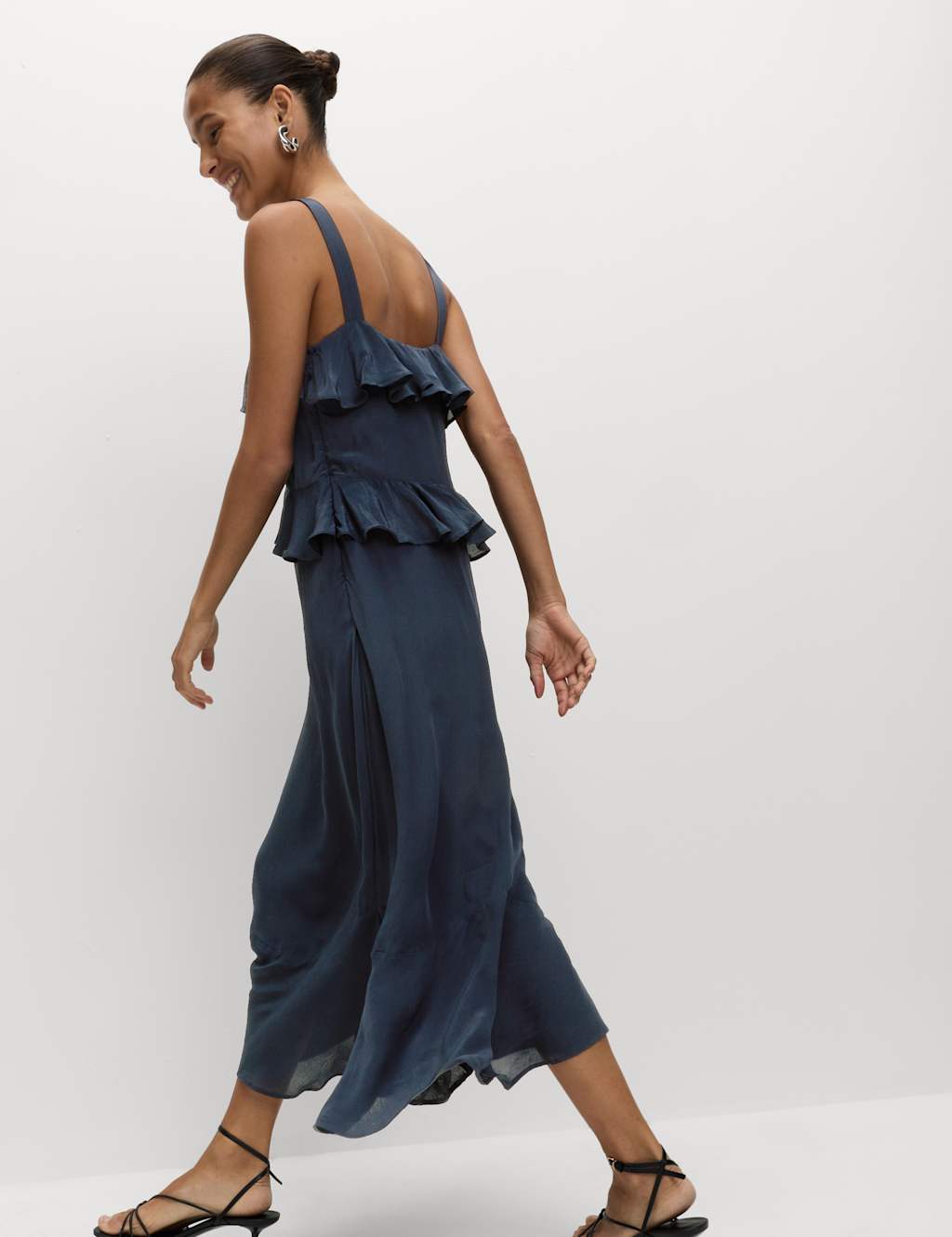 M&S Sweetheart Neckline Ruffle Midi Cami Dress Midnight Navy