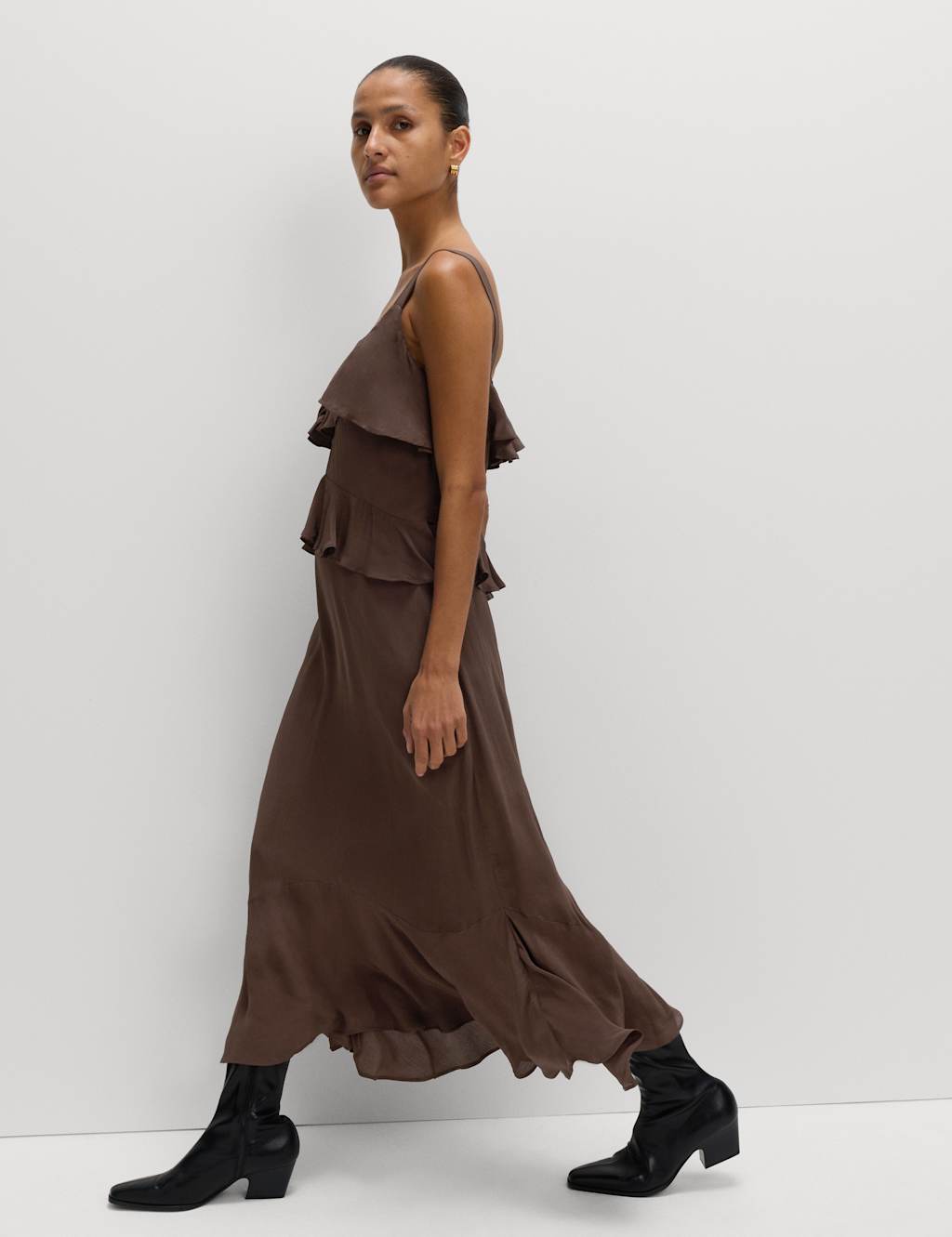 M&S Sweetheart Neckline Ruffle Midi Cami Dress Dark Chocolate