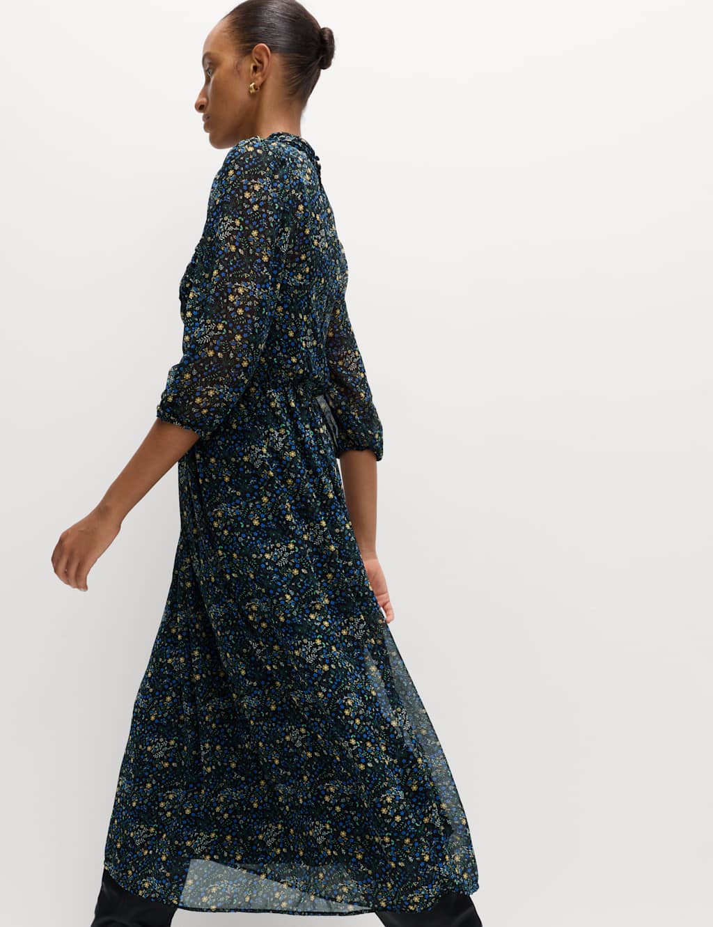 M&S Ditsy Floral Ruched Midaxi Waisted Dress Black Mix