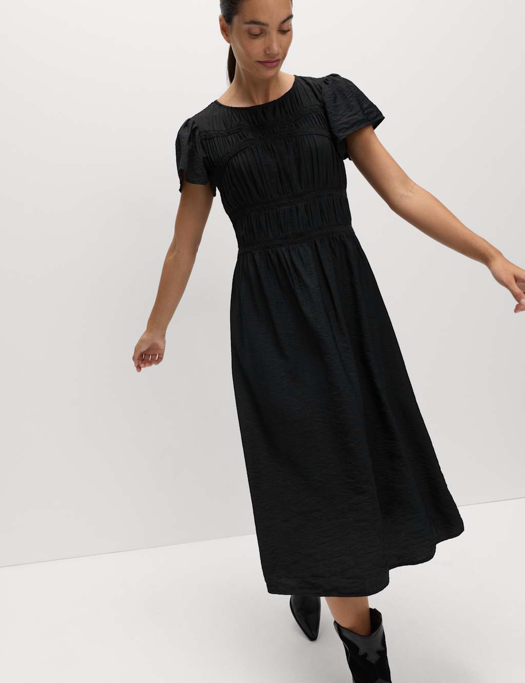 M&S Angel Sleeve Midi Shirred Waisted Dress Black