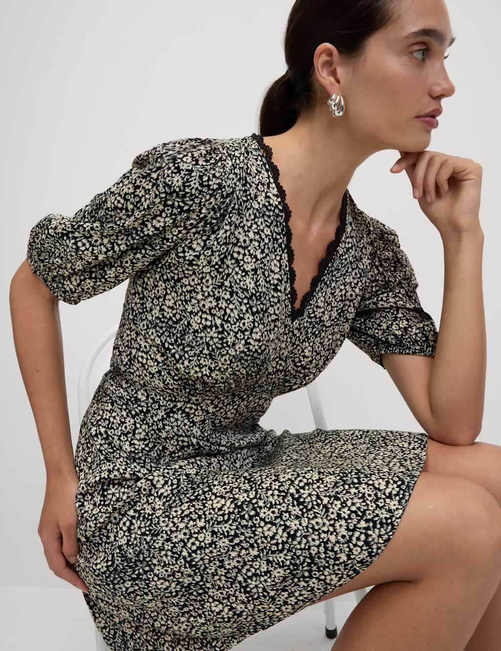 M&S Printed V-Neck Tie Waist Mini Tea Dress Black Mix