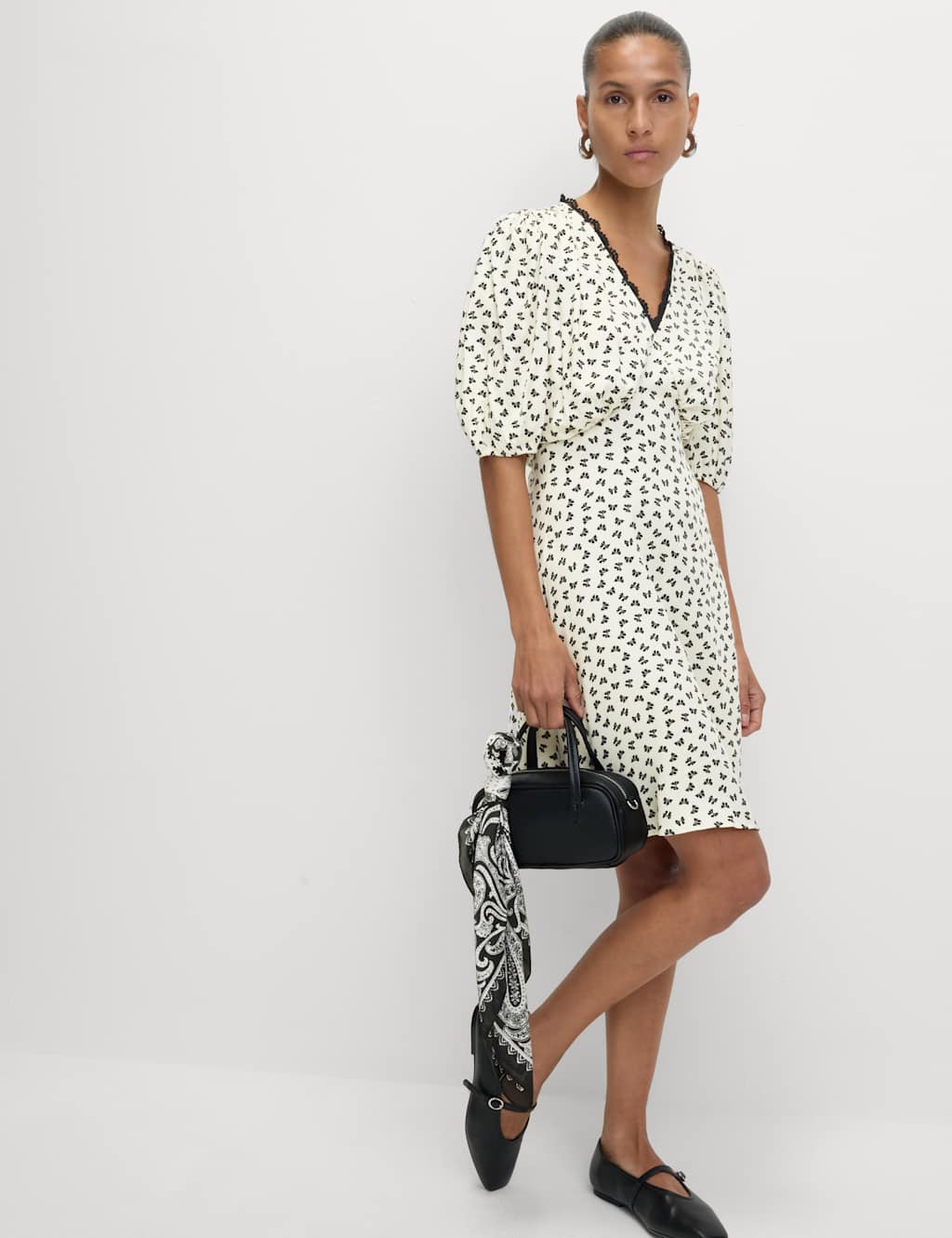 M&S Printed V-Neck Tie Waist Mini Tea Dress Ivory Mix