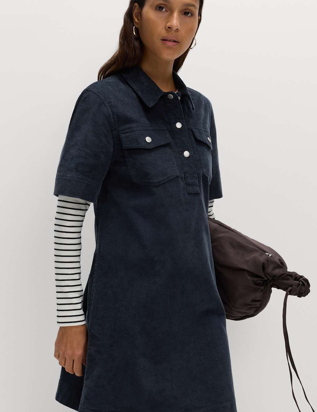 M&S Cotton Rich Cord Collared Mini Shirt Dress Midnight Navy