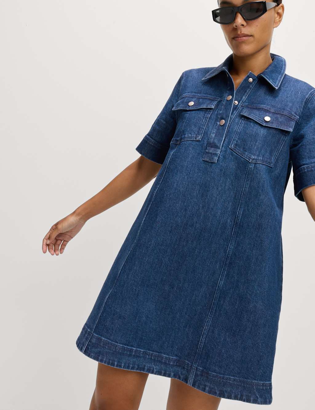 M&S Cotton Rich Collared Mini Shirt Dress Denim