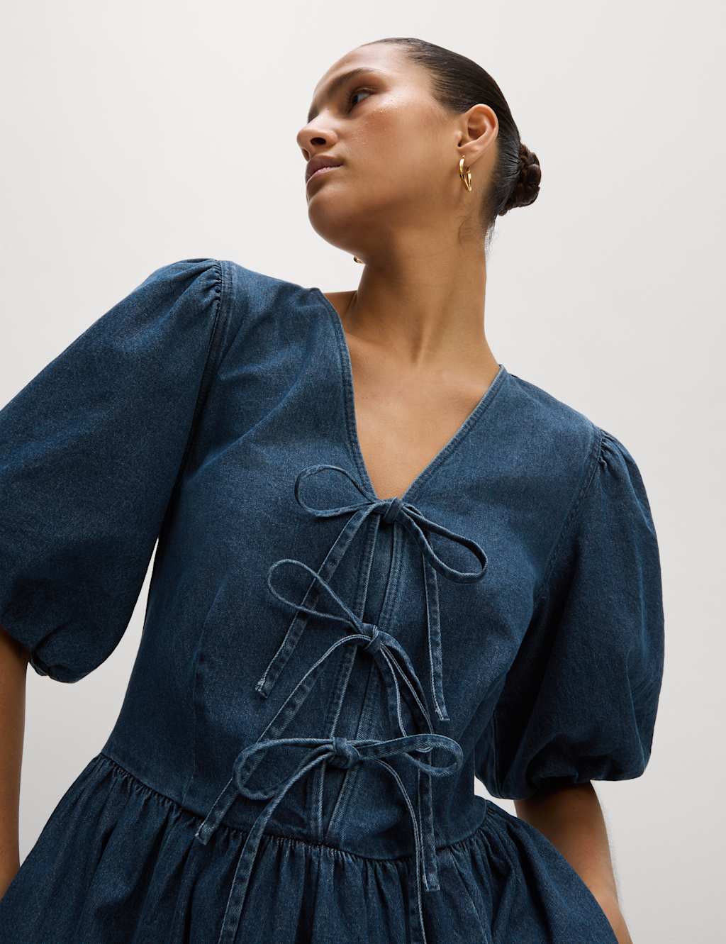 Denim V-Neck Tie Detail Midi Waisted Dress