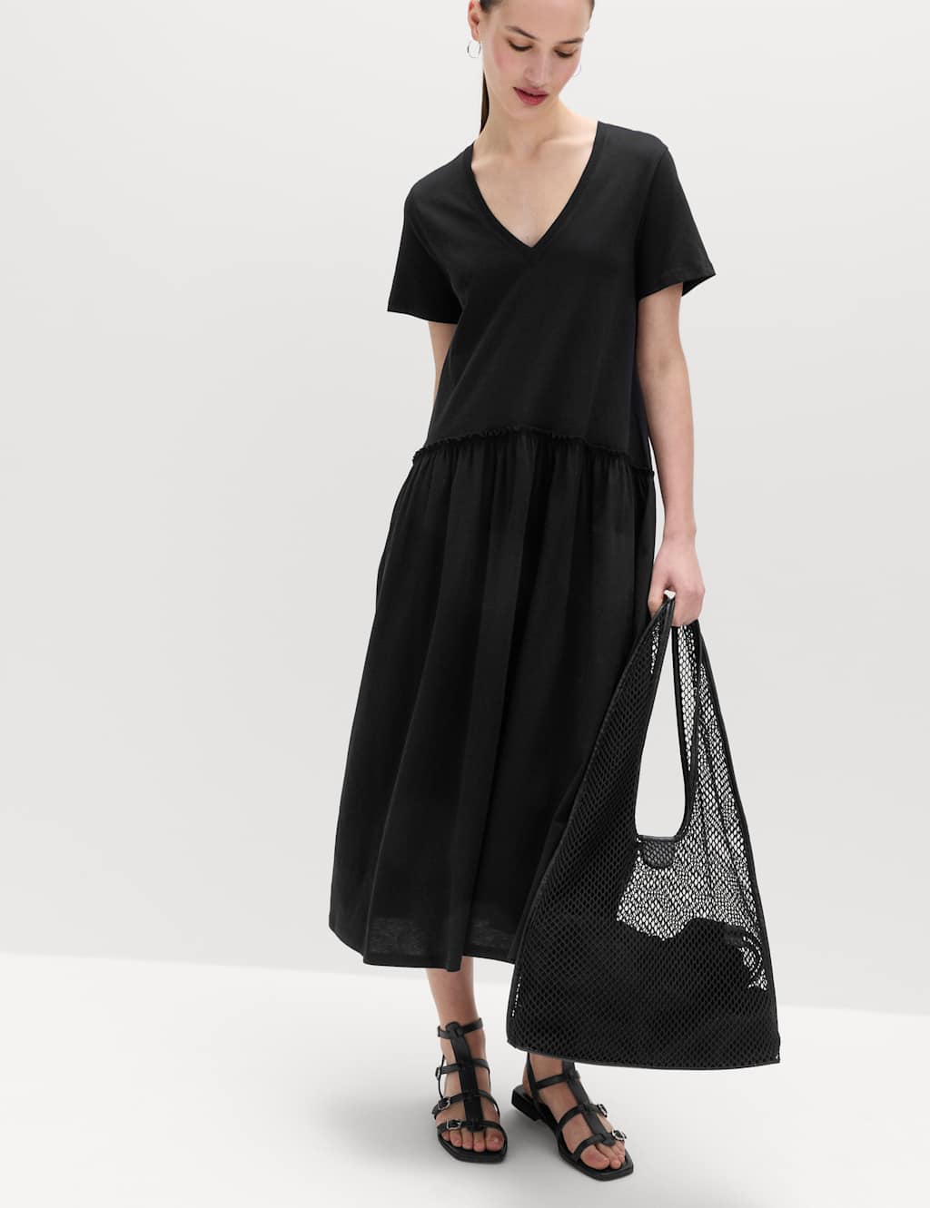 M&S Jersey V-Neck Midi Drop Waist Dress Black