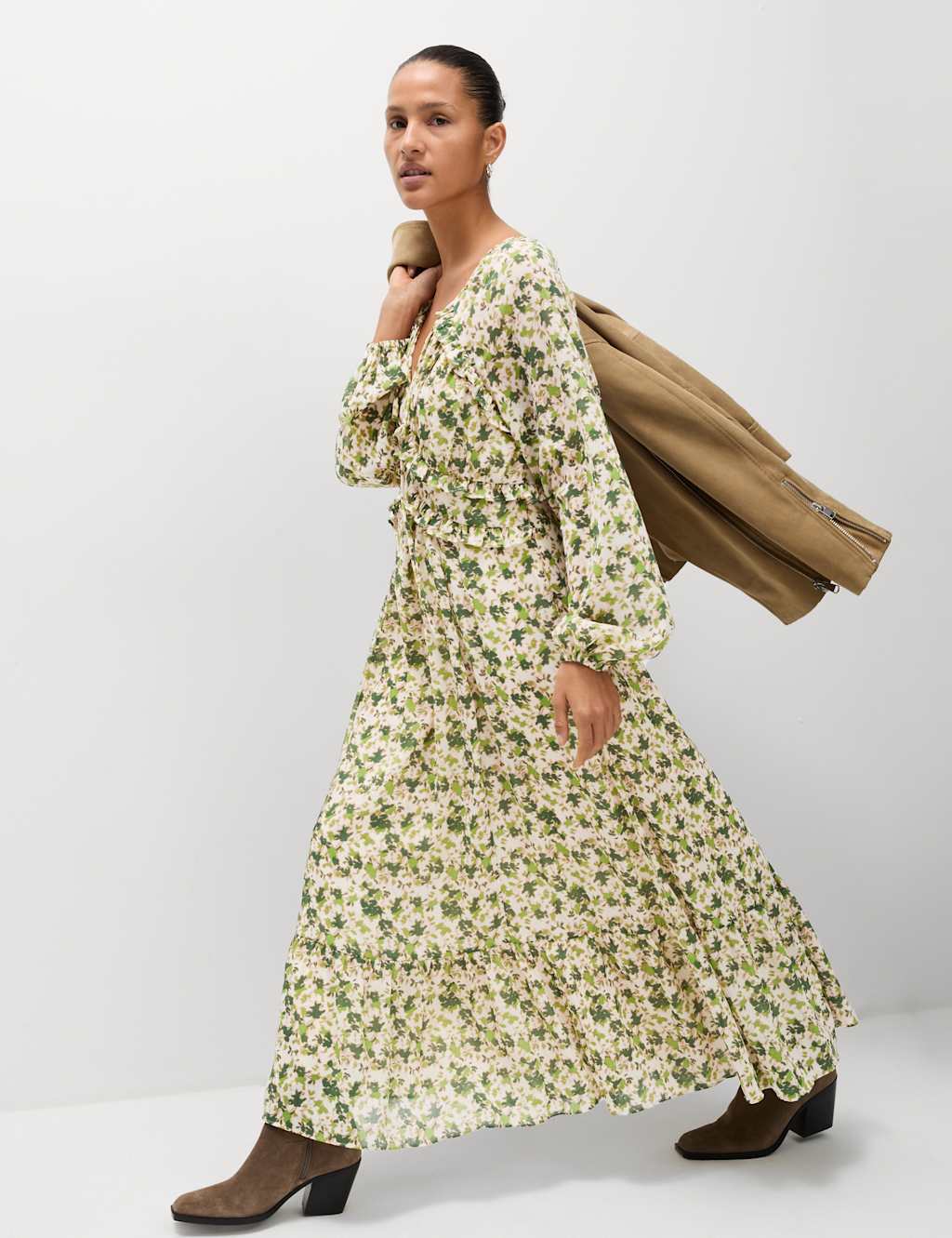 Chiffon Floral V-Neck Midaxi Waisted Dress