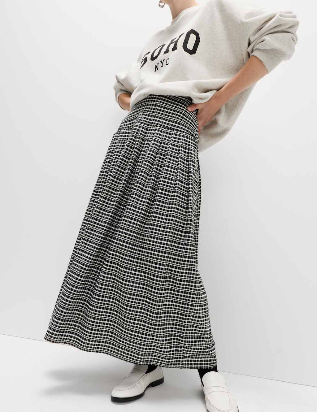 M&S Checked Pleated Midaxi A-Line Skirt Ivory Mix