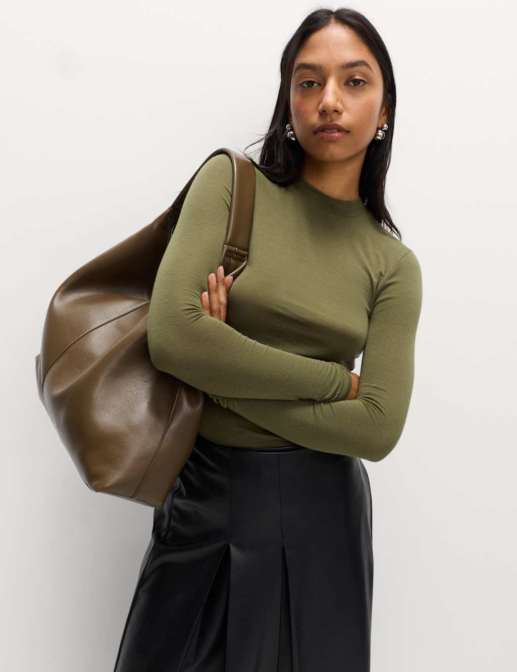 M&S Jersey High Neck Long Sleeve Top with Stretch Olive