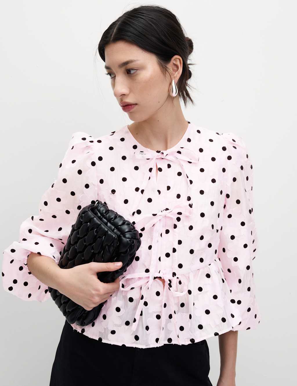 Polka Dot Tie Front Puff Sleeve Blouse