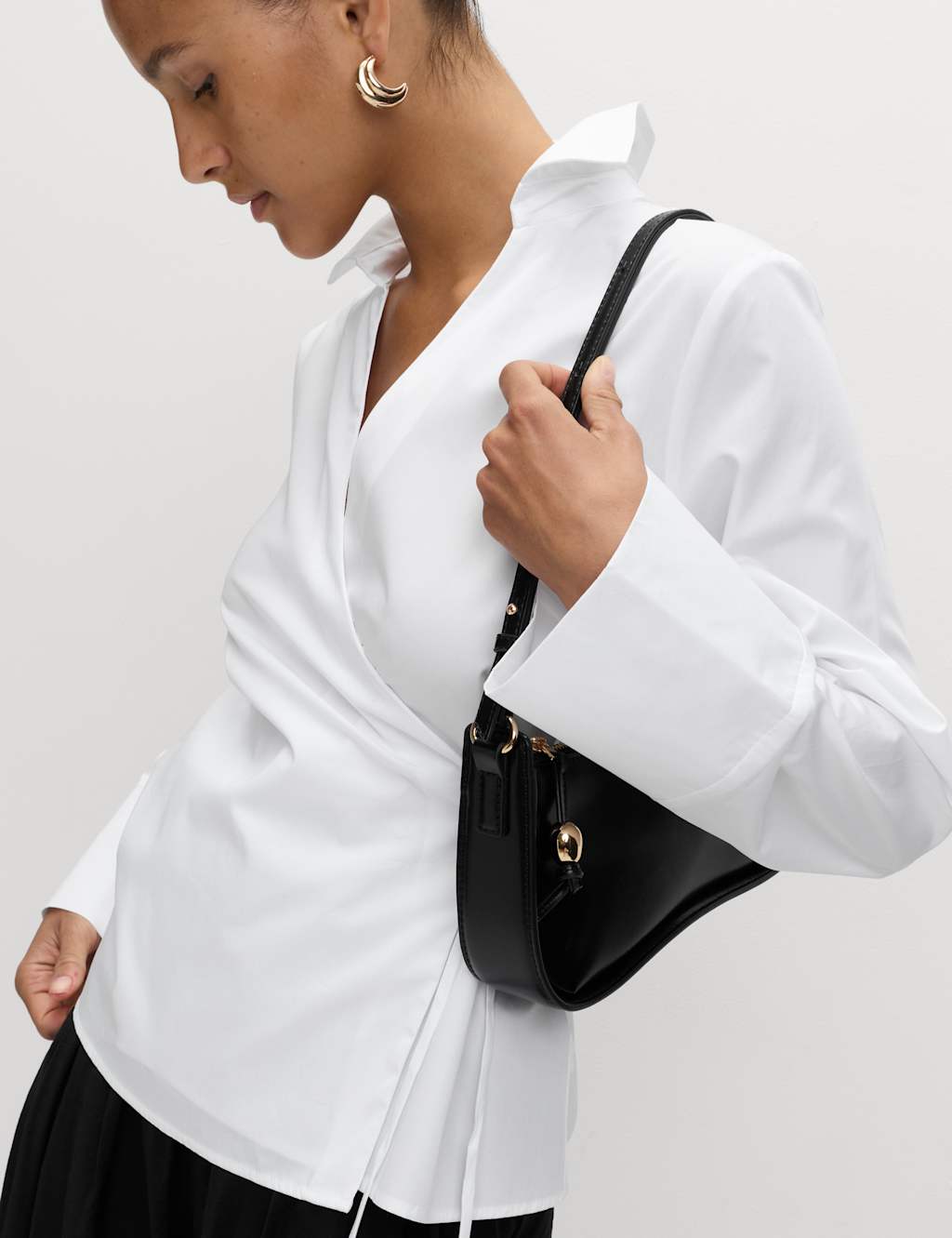 M&S Pure Cotton V-Neck Tie Detail Wrap Shirt Soft White