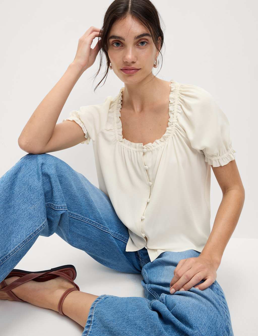 Button Through Square Neck Puff Sleeve Top