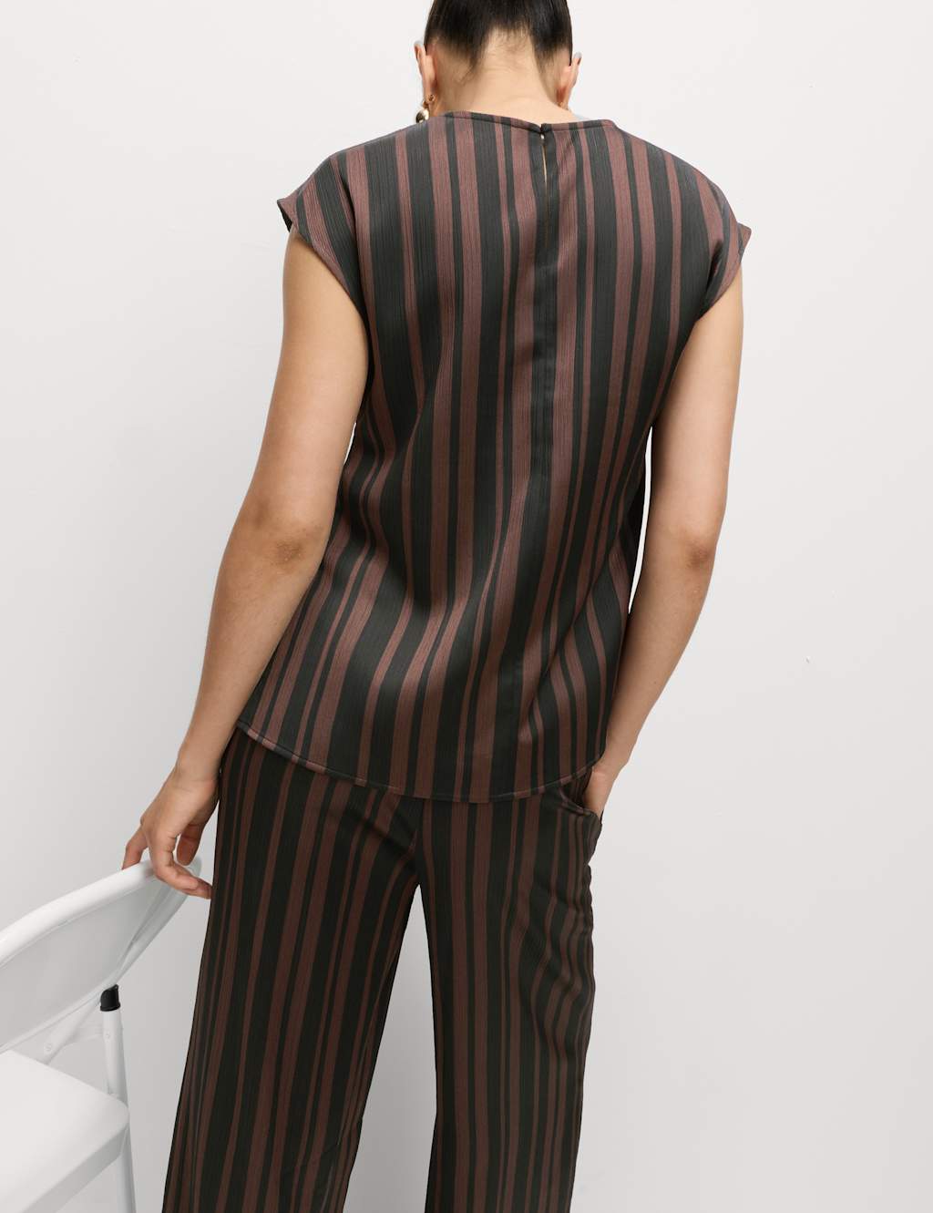 M&S Plisse Striped Round Neck Sleeveless Top Black Mix