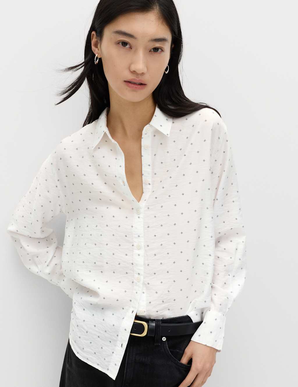 M&S Women's Textured Collared Button Through Shirt - 12 - Ivory Mix