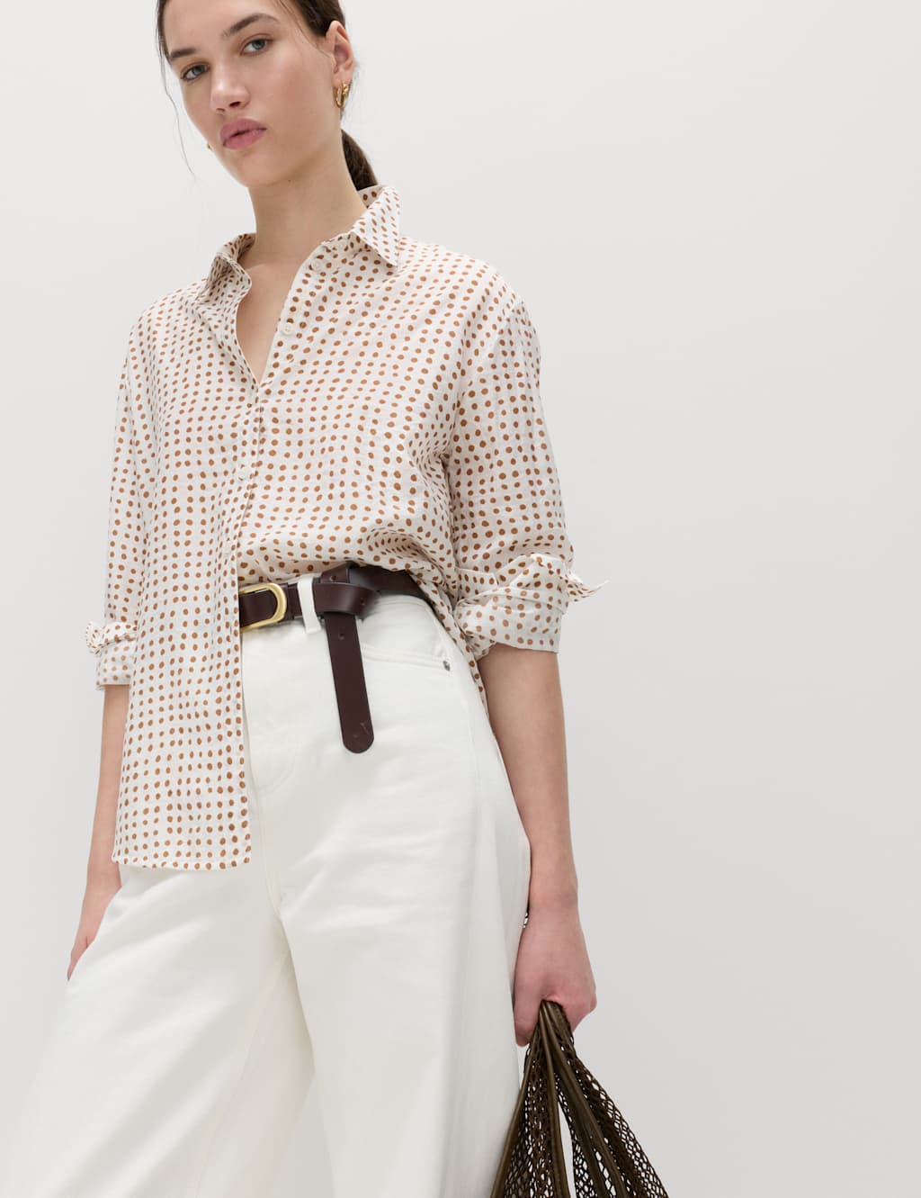 M&S Women's Textured Print Long Sleeve Shirt - 10 - Brown Mix
