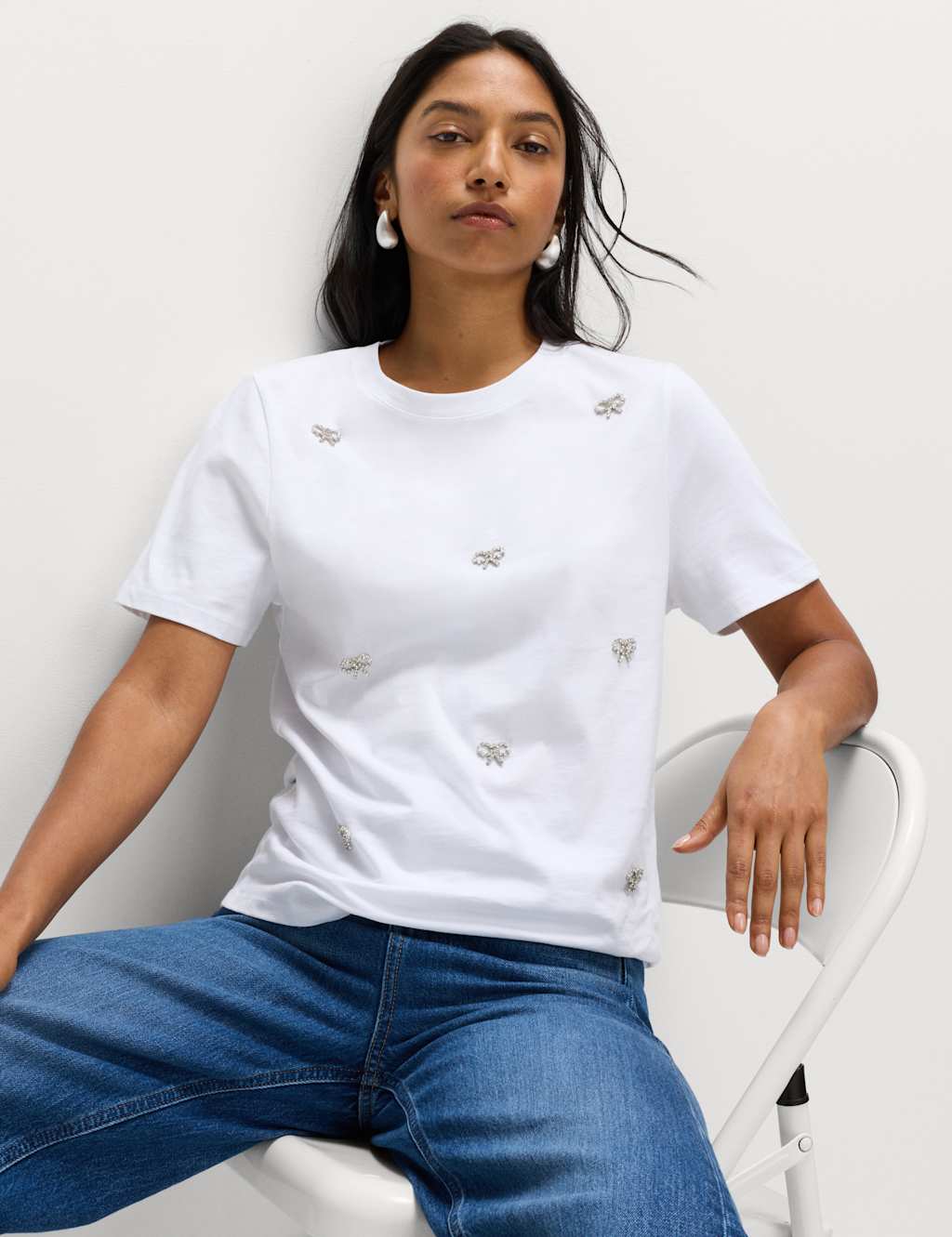 M&S Pure Cotton Embellished Bow Top Ivory