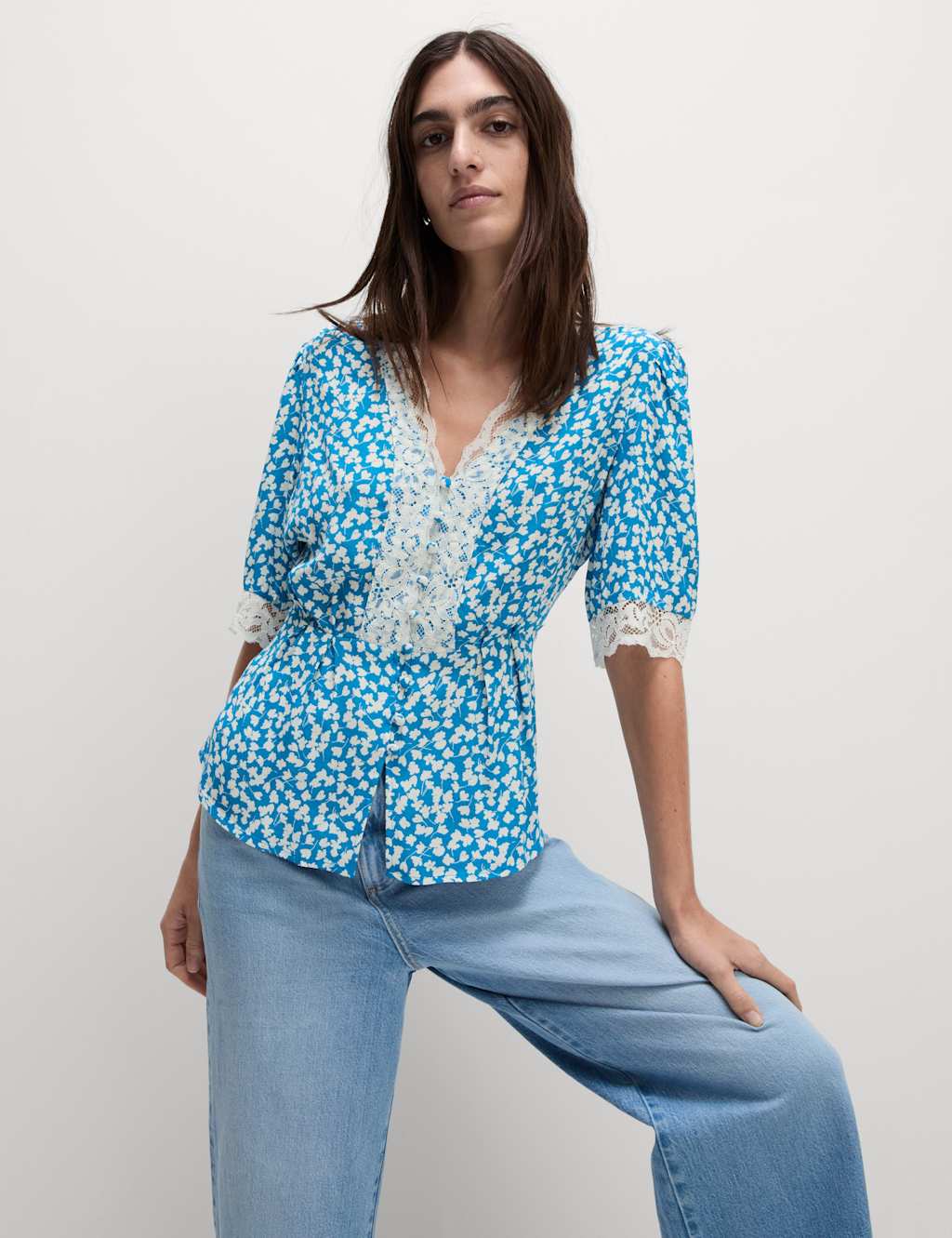 Floral Lace Detail V-Neck Blouse