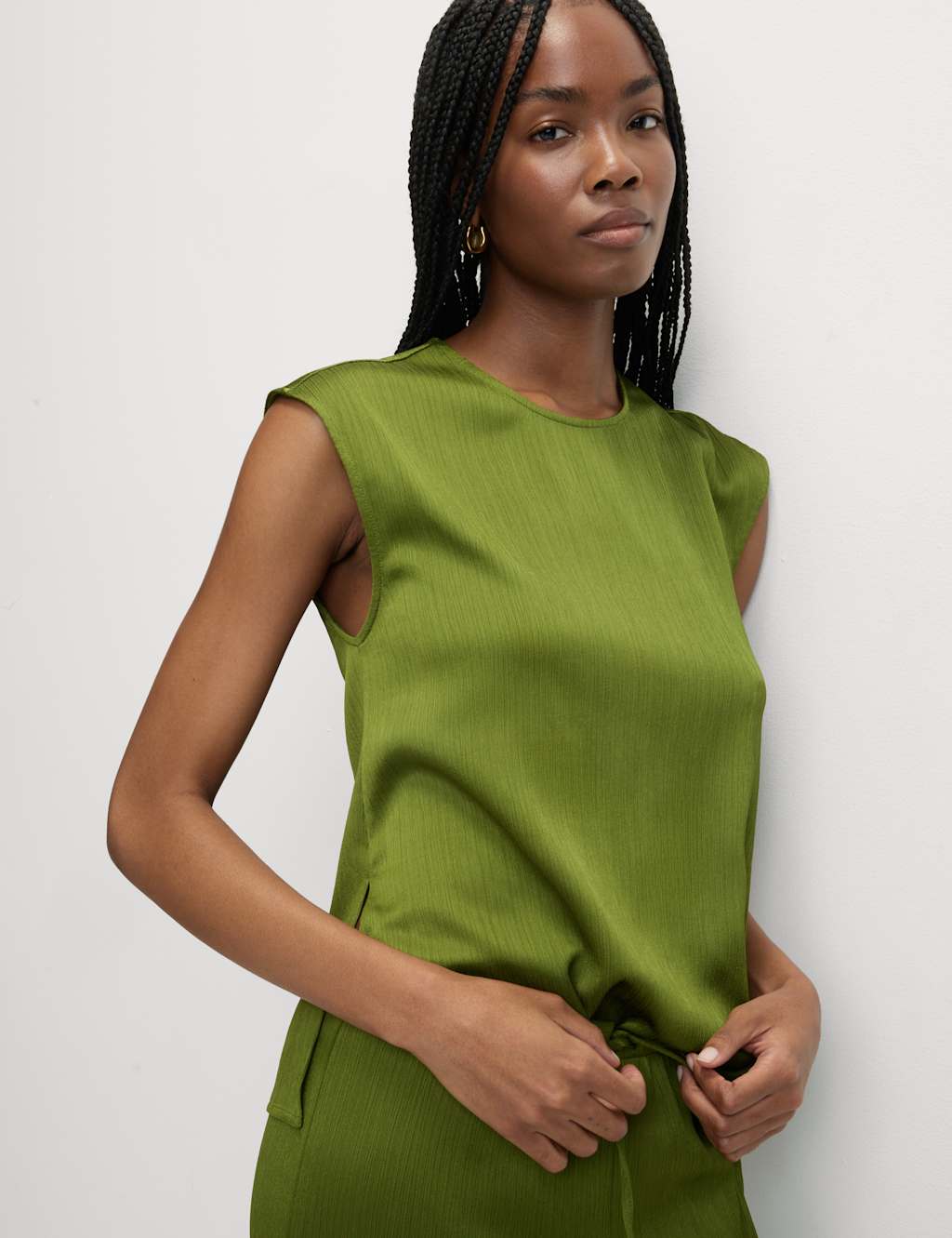 M&S Plisse Round Neck Sleeveless Top Fern
