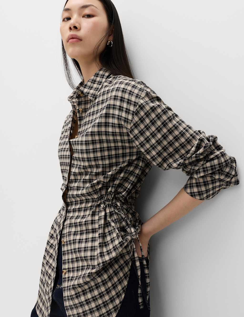 M&S Women's Pure Cotton Checked Drawcord Waist Shirt - 10 - Black Mix