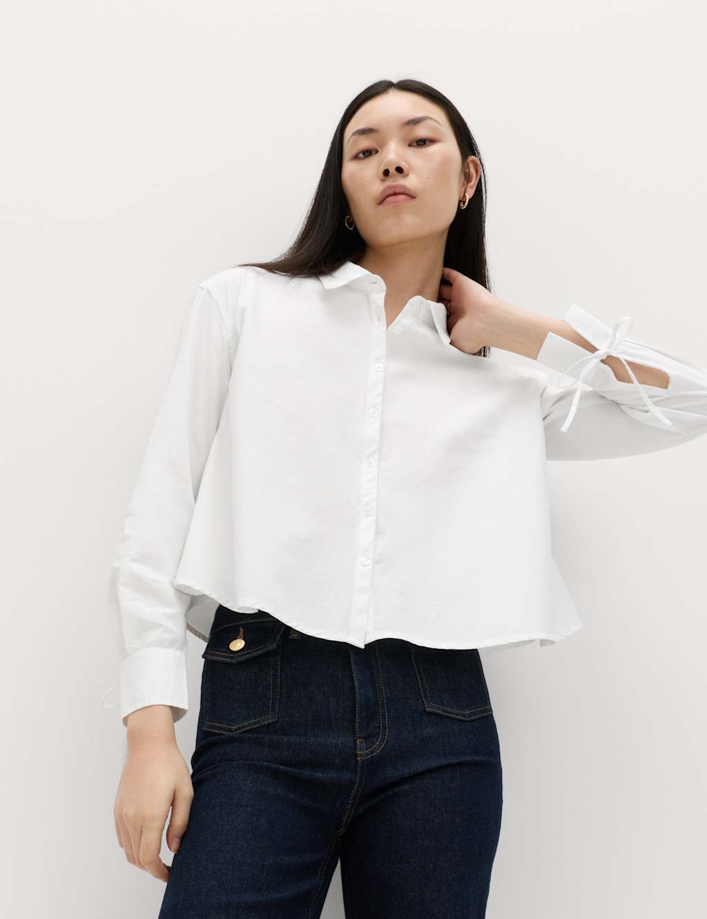 M&S Women's Pure Cotton Tie Cuff Swing Shirt - 18 - Soft White