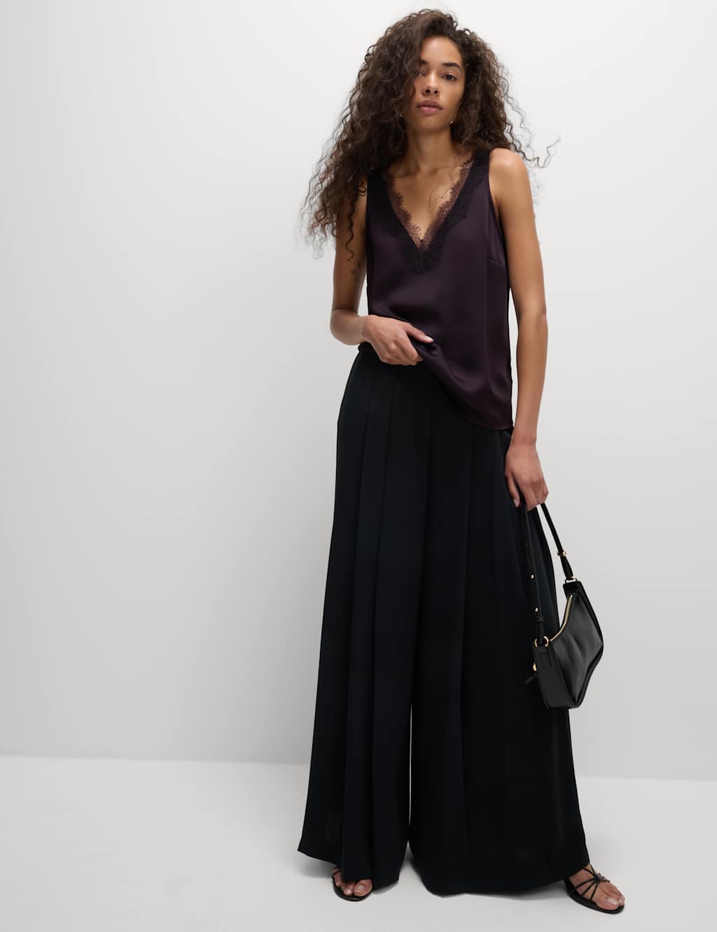 M&S Satin V-Neck Lace Insert Cami Top Dark Aubergine