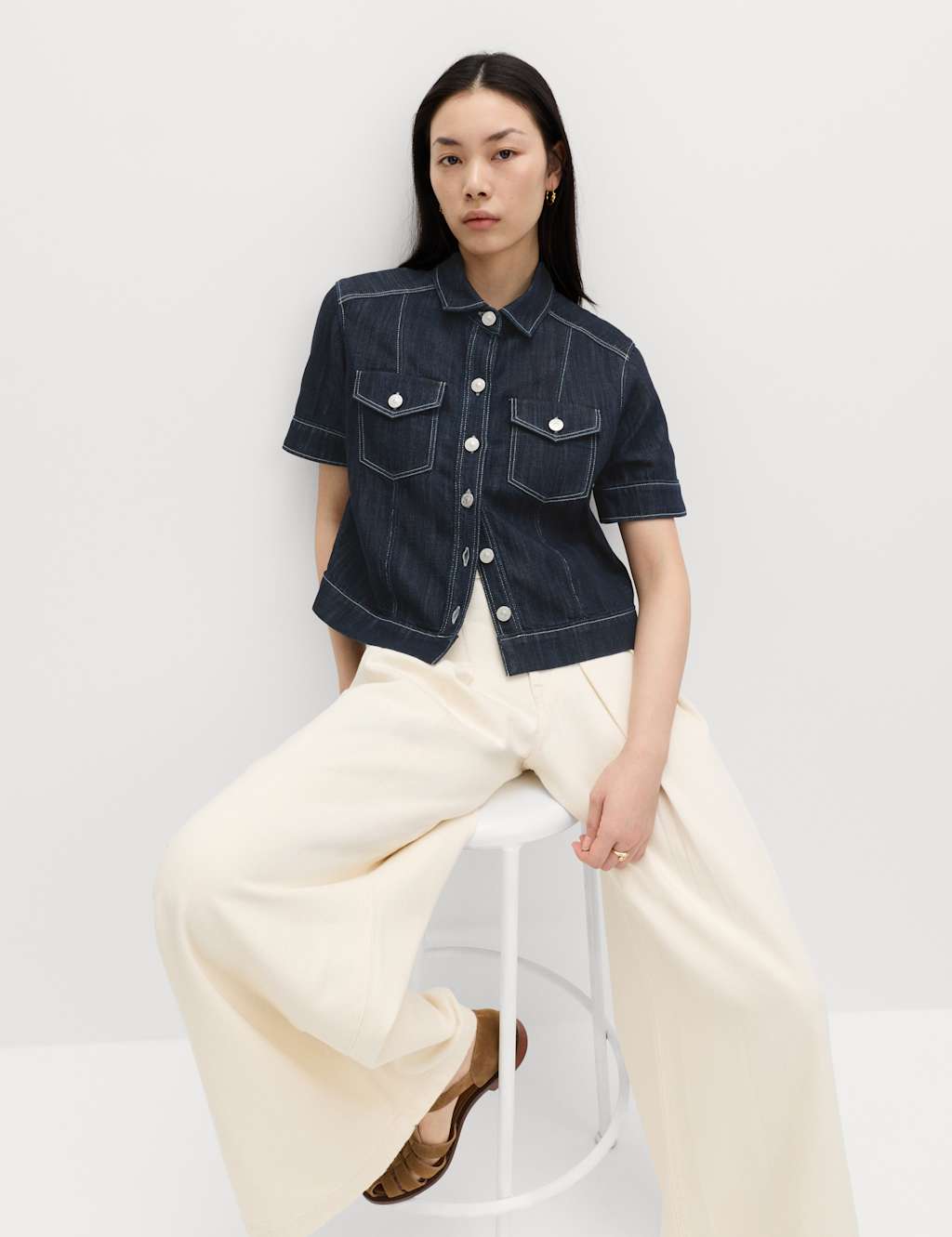 M&S Women's Cotton Rich Denim Utility Short Sleeve Shirt - 24