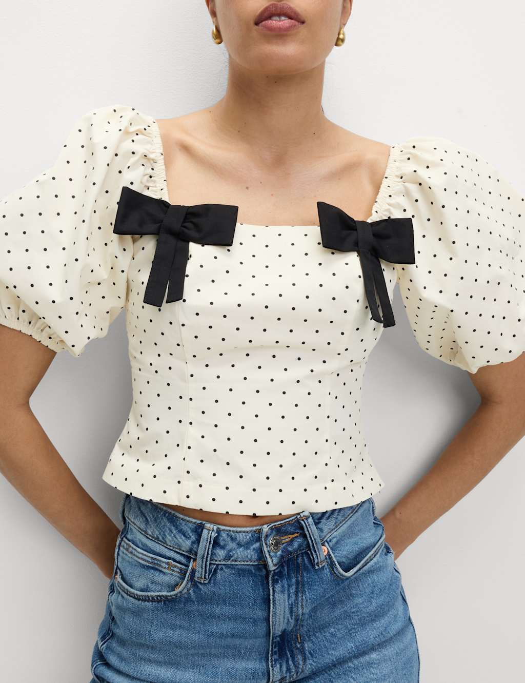 Pure Cotton Square neck Polka Dot Bow Top