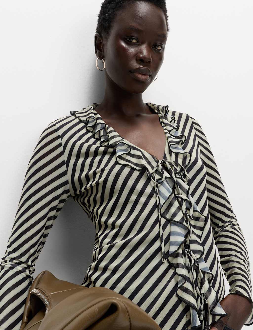 M&S Striped V-Neck Frill Detail Top Black Mix