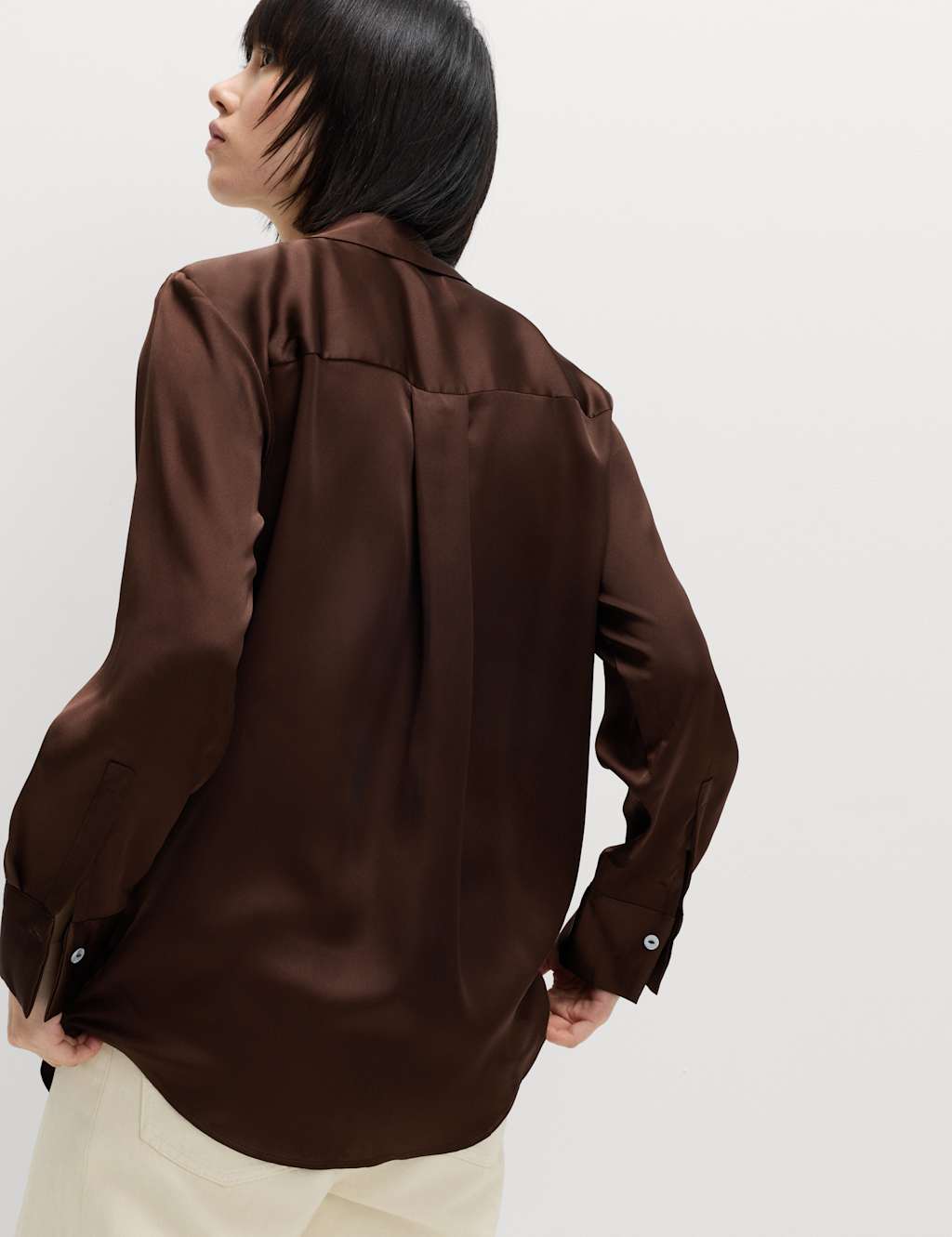 M&S Satin V-Neck Collared Shirt Dark Chocolate