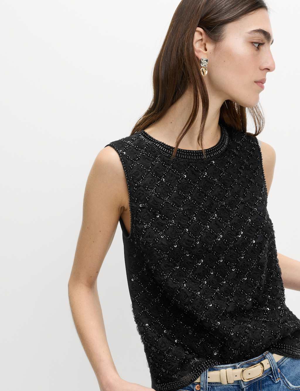M&S Beaded Embellished Shell Top Black