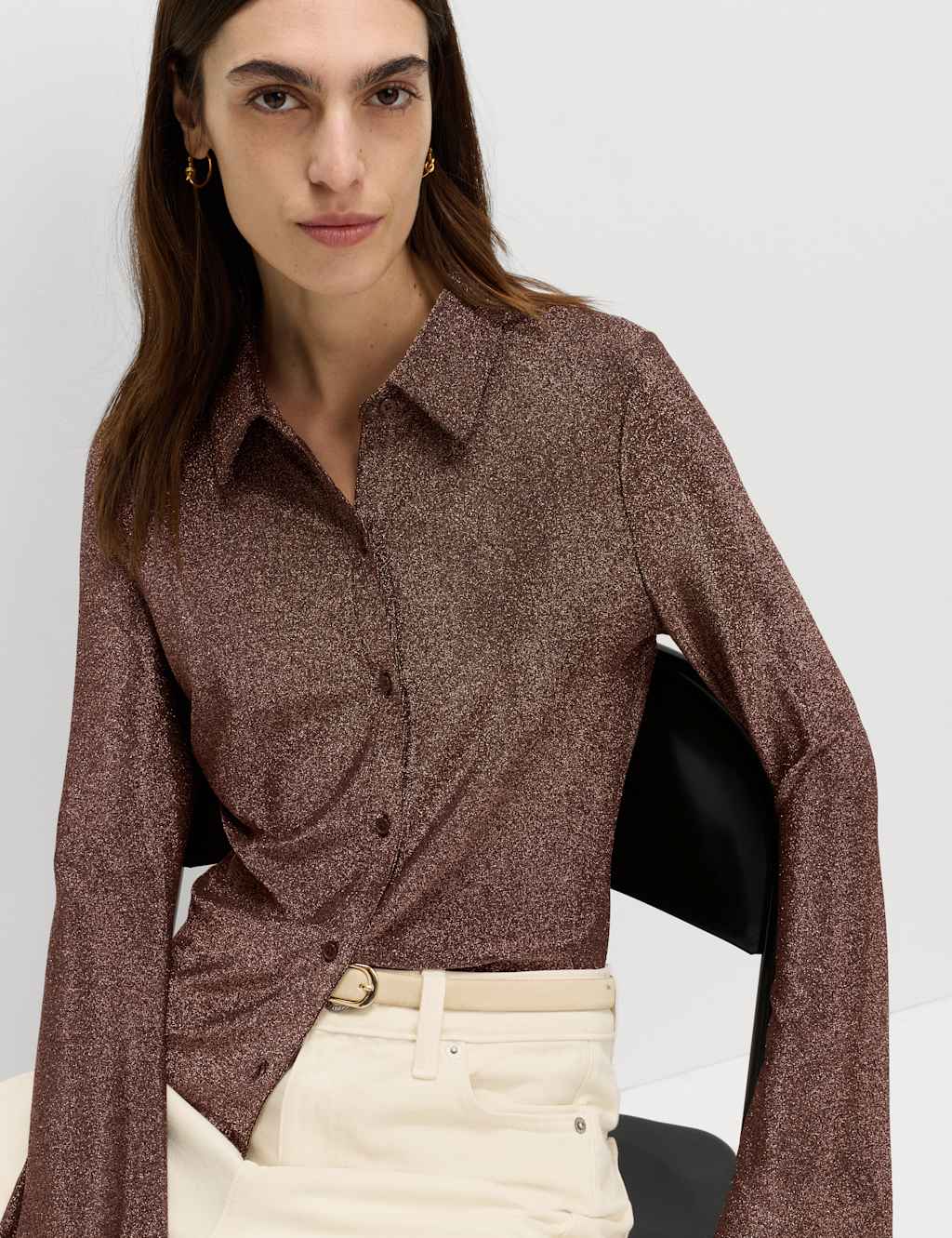 M&S Sparkly Fitted Flute Sleeve Shirt Chocolate