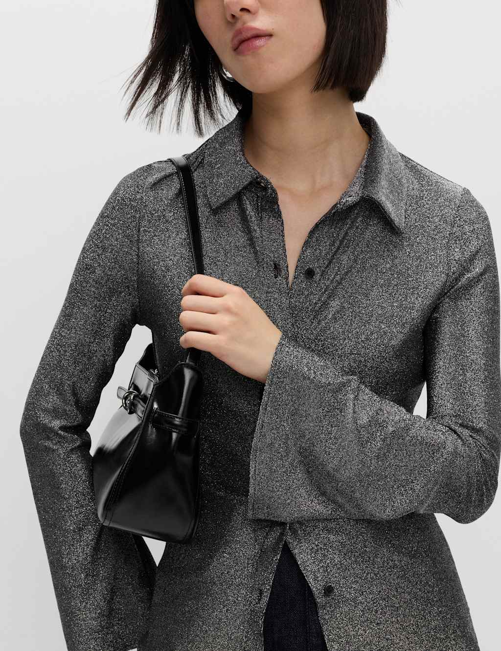 M&S Sparkly Fitted Flute Sleeve Shirt Silver