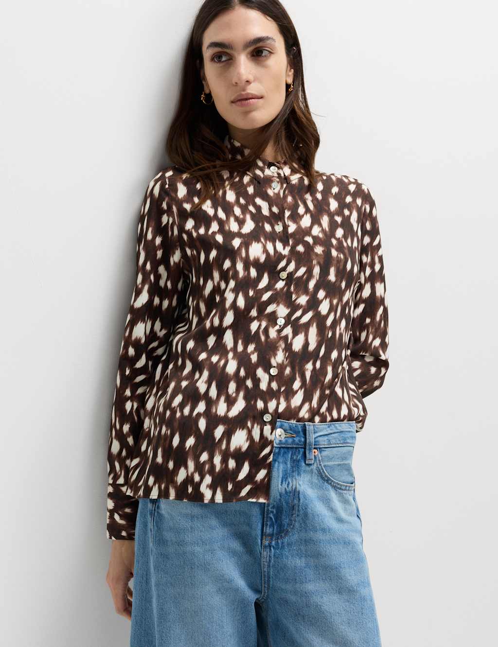 M&S Animal Print Collared Shirt Brown Mix