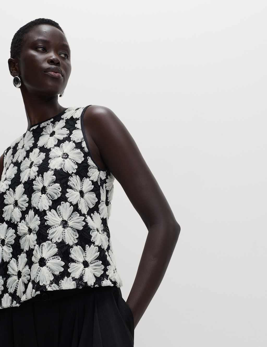 M&S Sequin Embellished Floral Shell Top Black Mix