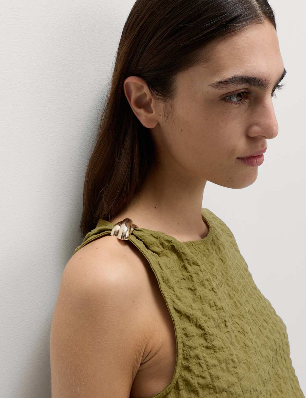 M&S Cotton Rich Textured Hardware Detail Tank Top Olive