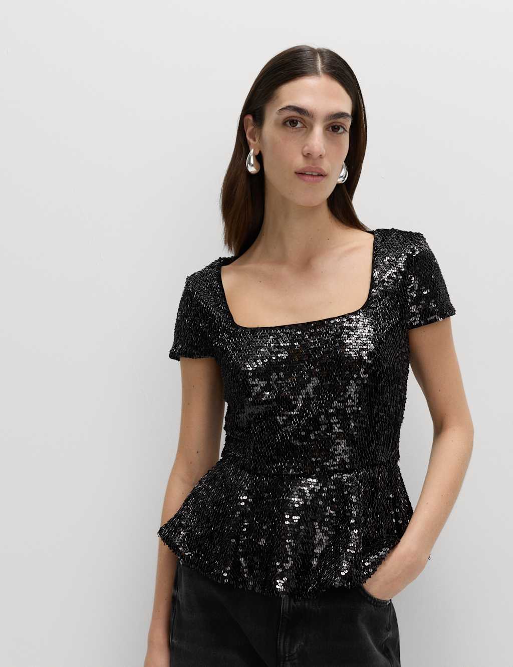 M&S Sequin Peplum Fitted Top Black