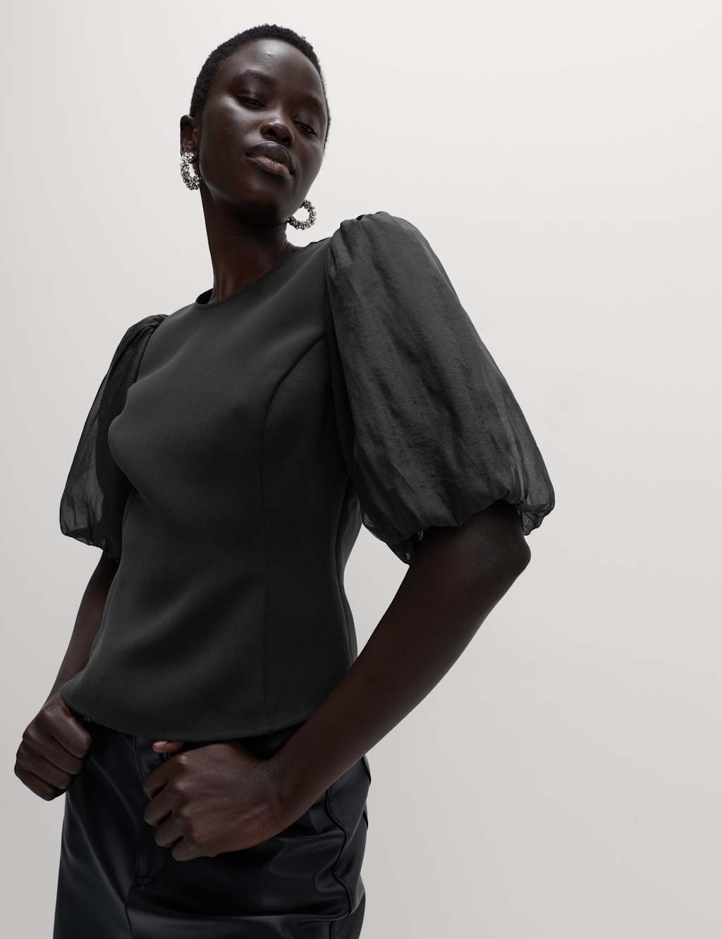 M&S Organza Waisted Puff Sleeve Top Black