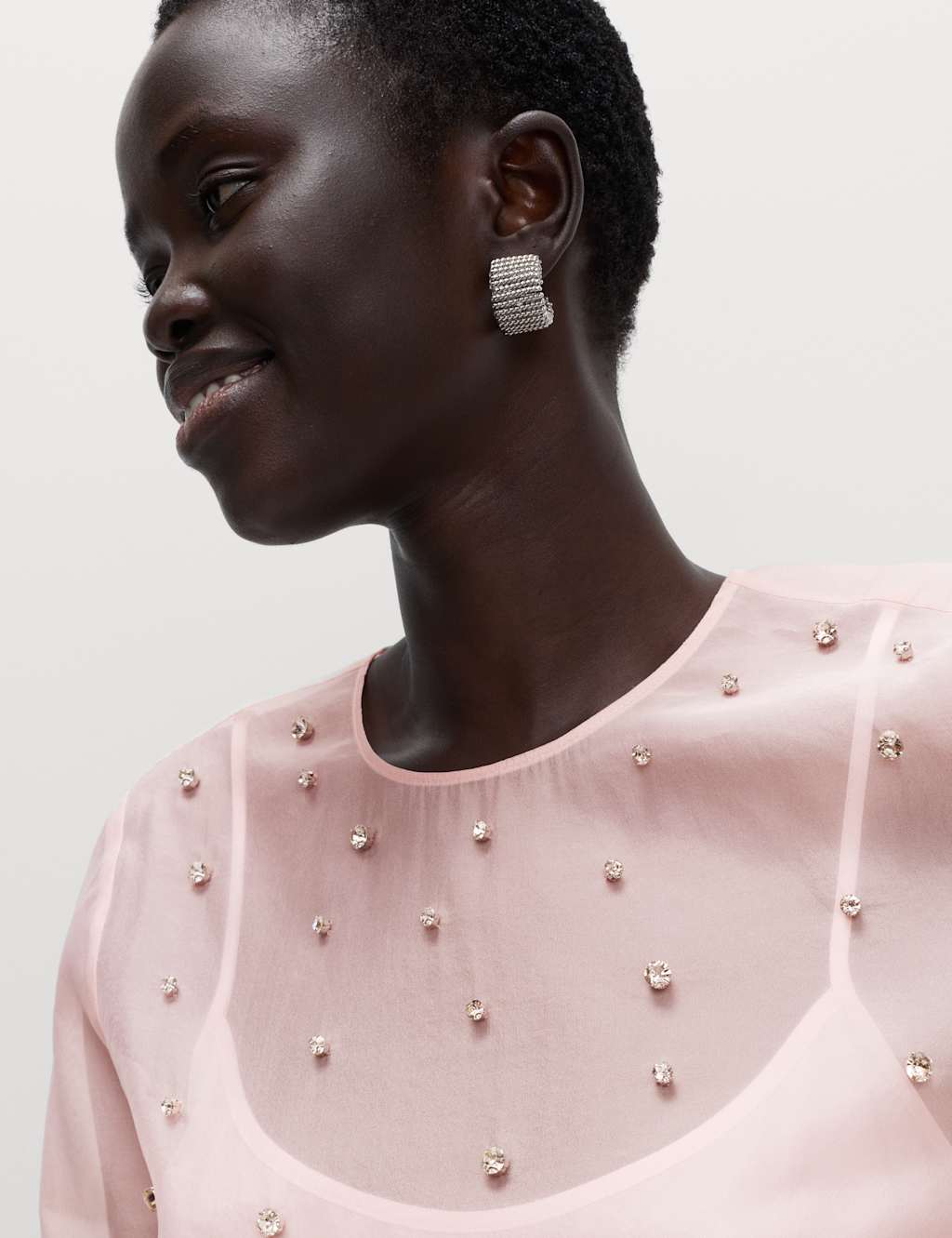 M&S Organza Embellished Round Neck Top Light Pink