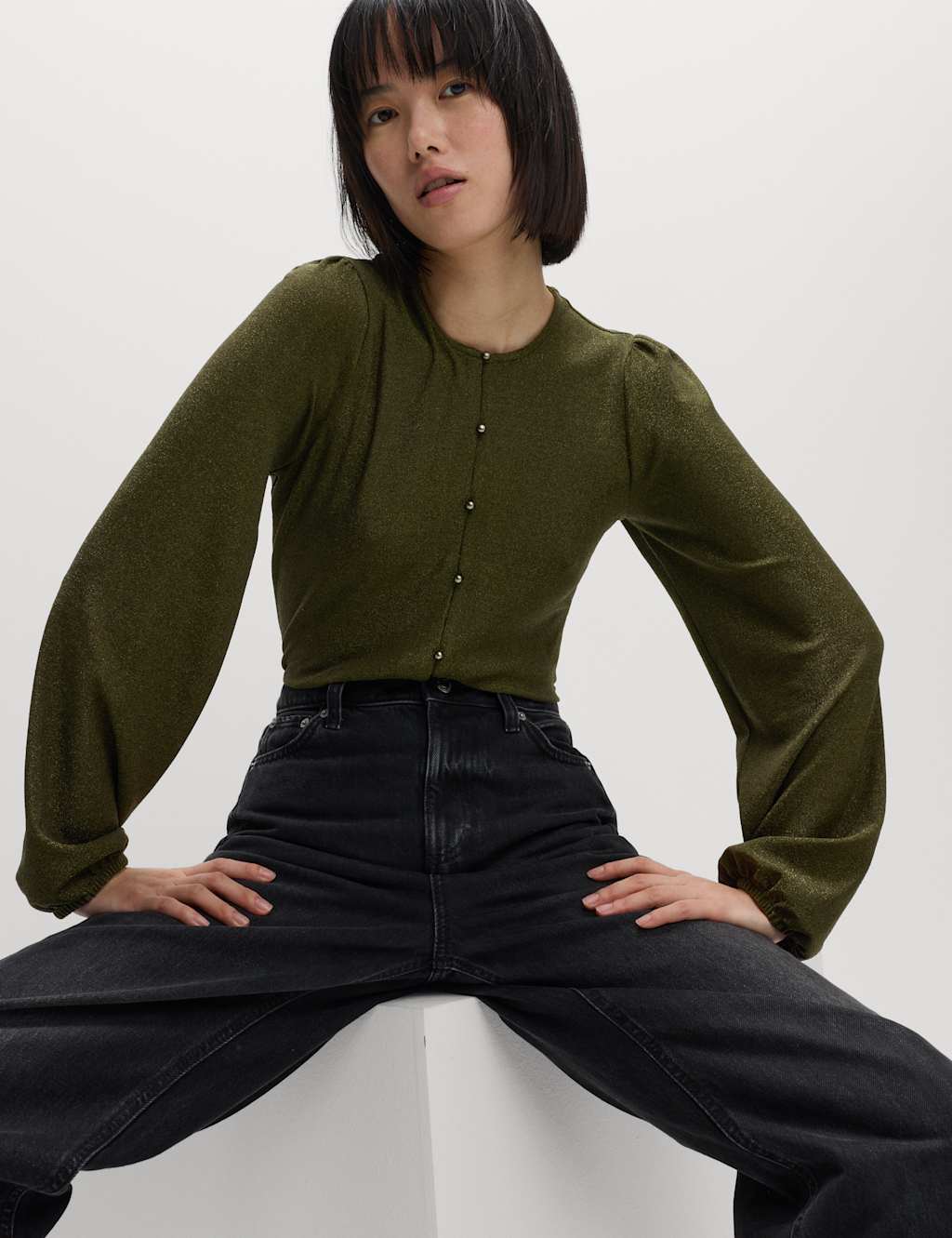 M&S Sparkly Button Through Blouson Sleeve Top Olive