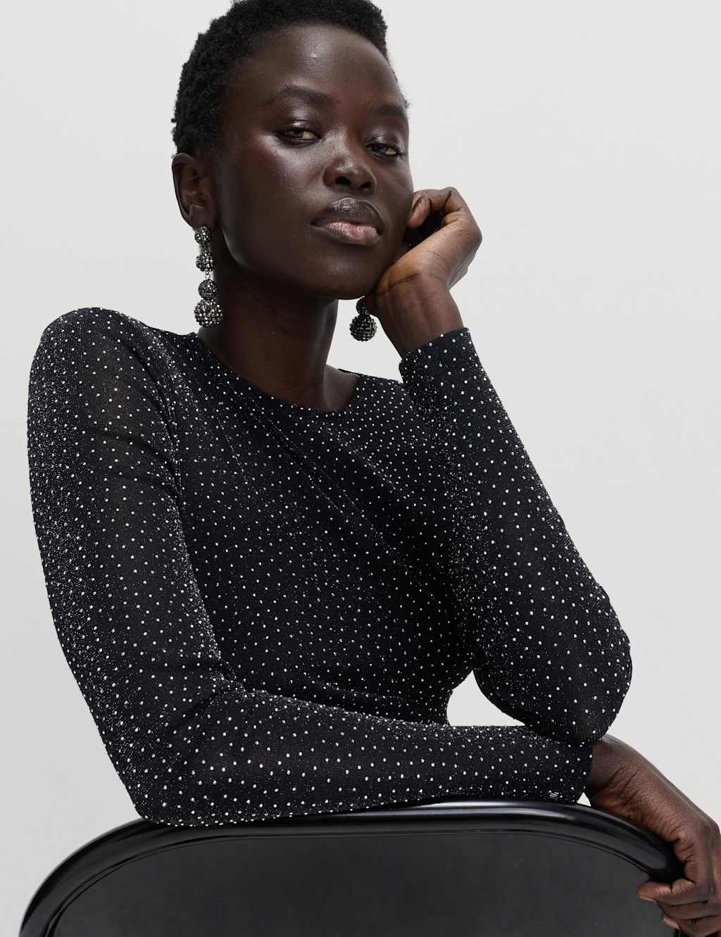 M&S Mesh Jersey Rhinestone Embellished Top Black