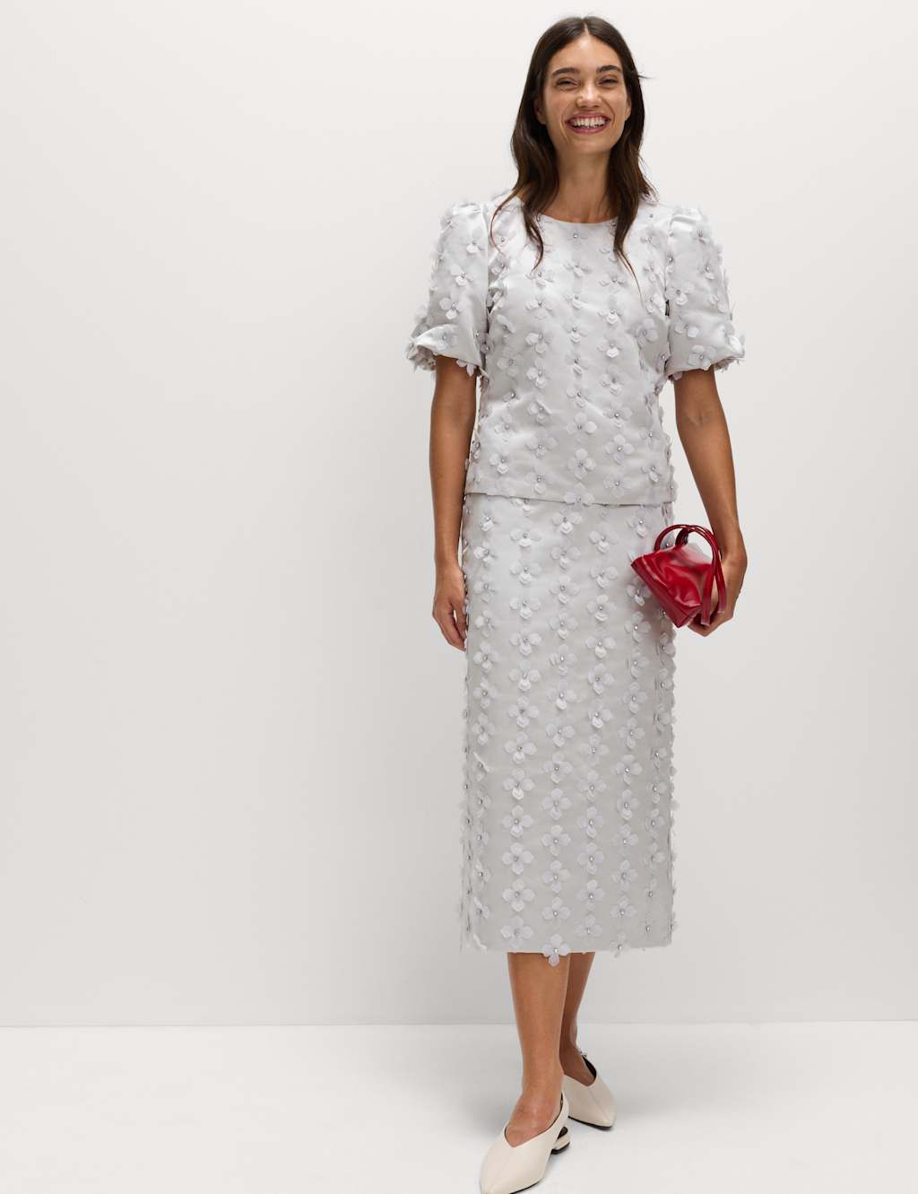 M&S Satin Floral Appliqué Embellished Top Silver