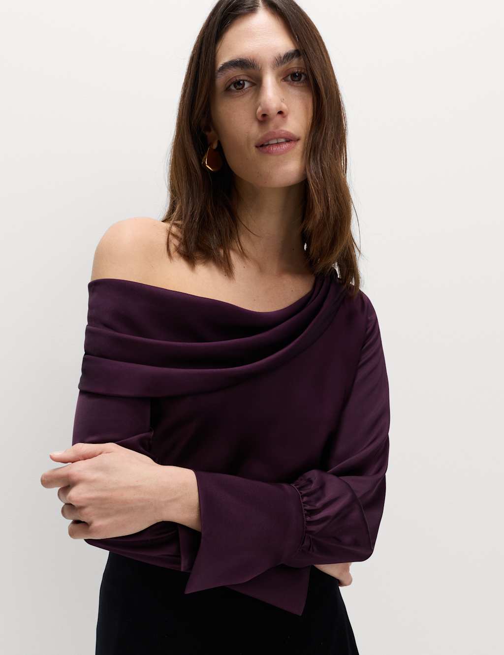 M&S Satin Off The Shoulder Top Dark Aubergine