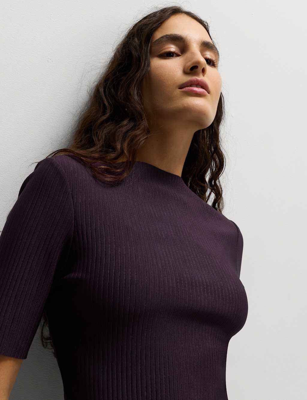 M&S Ribbed Round Neck 3/4 Sleeve Top Dark Aubergine