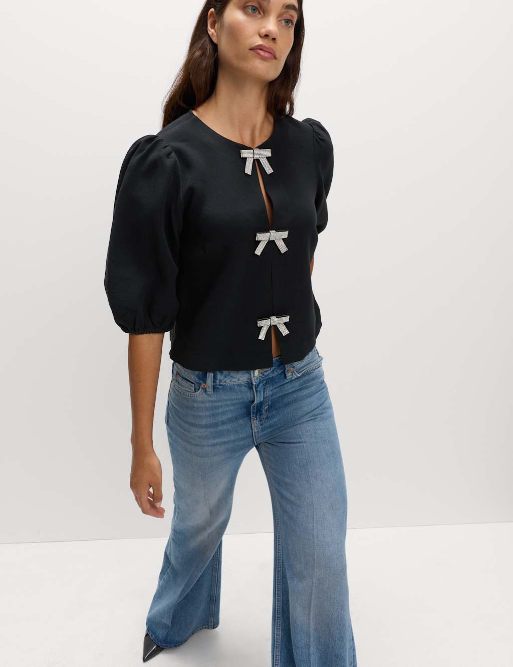 M&S Embellished Bow Puff Sleeve Top Black