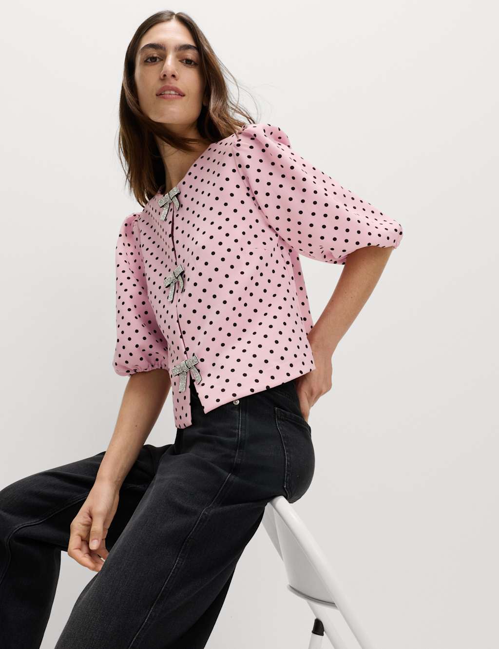 M&S Polka Dot Embellished Bow Top Pink Mix