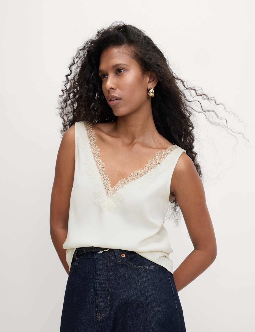 M&S Satin Lace Insert Cami Top Ivory